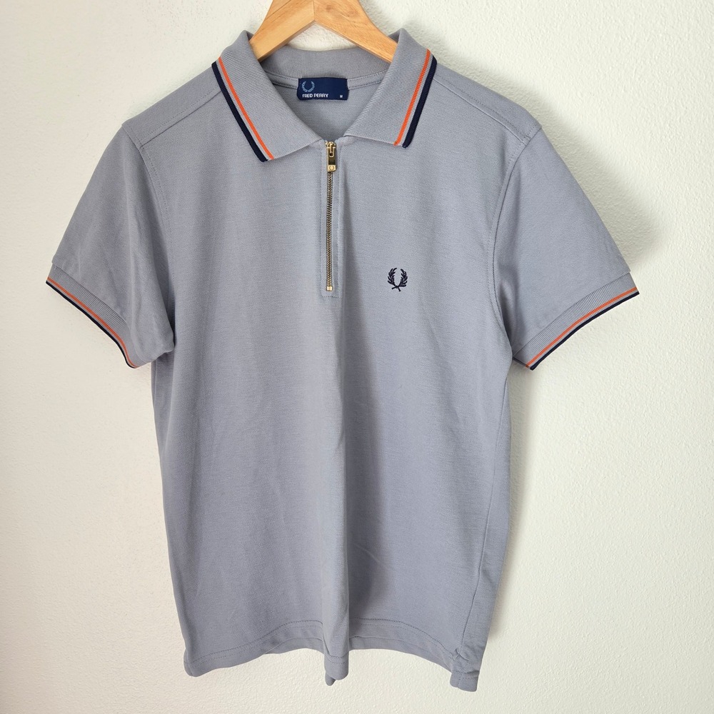 Fred Perry Mens Quarter Zip Pique Polo Shirt Grey Blue Orange Tipped Size M